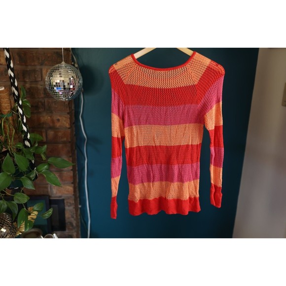 525 America Womens Open Knit Sweater Top Coral Pink Orange Pullover Large - Picture 5 of 8